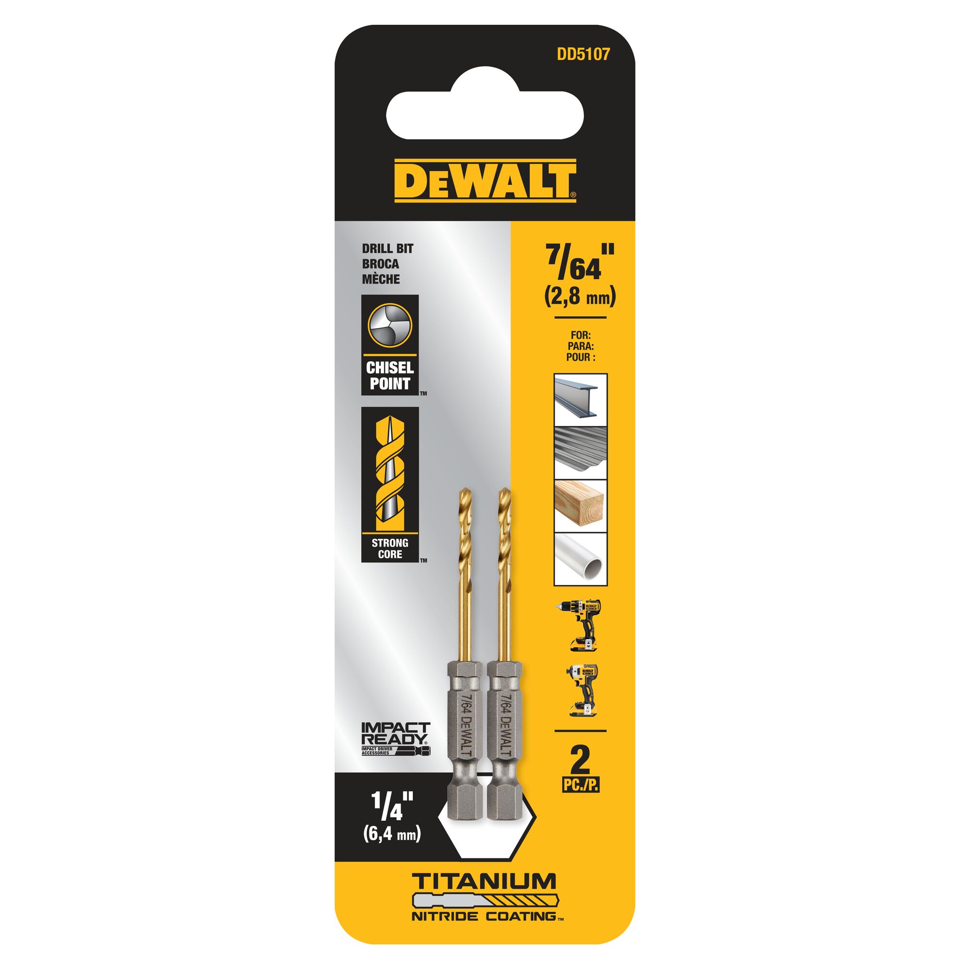 DeWalt IMPACT READY Titanium Nitride Coating Drill Bits (DD5107 ...