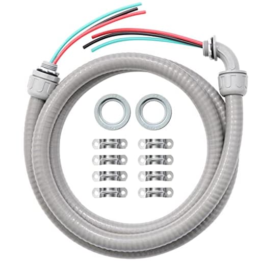 Power Whip Assembly Kit -1/2" x 10ft Non-Metallic Liquid Tight with 10 Gauge Wire Electrical AC Whip Kit Flexible Electrical Conduit & straight/90°Fittings