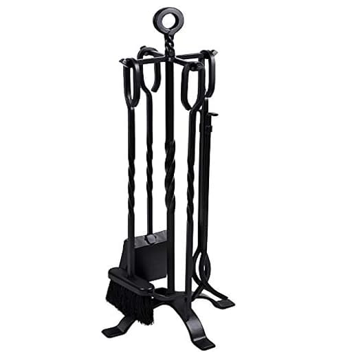 5 Pieces Fireplace Tools Set Indoor Wrought Iron Fire Place Pit Large Poker Wood Stove Log Firewood Tongs Holder with Handles Modern Black Outdoor Accessories Kit