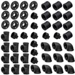 50 Pcs 3/4 Inch Threaded Black Malleable Iron Pipe Fittings Set - 10 Each for Flanges, Elbows, Tees, Caps, and Plugs for DIY Industrial Vintage Style Furniture, Shelving, Home Decor