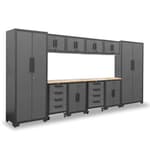 12 Piece Garage Storage Cabinet Set: Workshop Tool Organizer Chest with Lockers, Shelves and Wood Workbench, Black/Grey