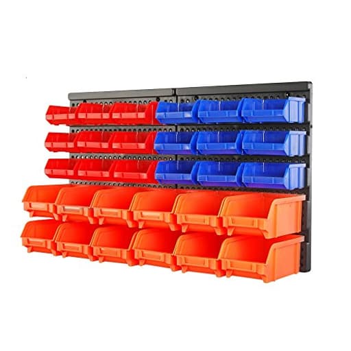 Wall Mounted Storage Bins Parts Rack 30PC Organizer Garage Plastic Shop Tool for Men's Gift, Blue,Orange,Red