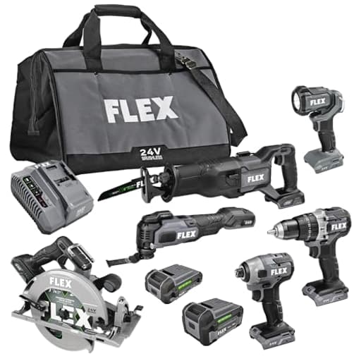 24V Brushless Cordless 6-Tool Combo Kit: Hammer Drill, Hex Impact Driver, Circular Saw, Multi-Tool, Reciprocating Saw, Work Light with 2.5Ah, 5.0Ah Lithium Batteries and 160W Charger - FXM601-2B