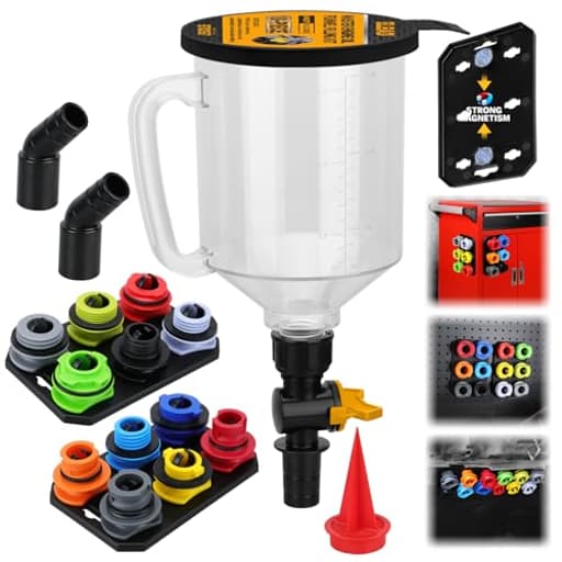 18-Piece Engine Oil Funnel Kit, 1.59QT/ 1.5L Automotive Coolant Funnel Set, 12 Adapters, Elbow Fitting, Arrow Screen and Magnetic Storage Tray, Compatible with GM, Ford, BMW, Audi, Land Rover Etc