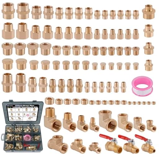 105PCS Brass Pipe Fittings Assortment Kit NPT Adapter,Reducer Bushing, Hex Nipple, Reducing Hex Coupling,90 Degree Street Elbow,Street Tee,Ball Valve,Hex Head Plugs,Socket Plug Fittings Kits