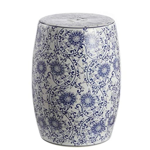TBL1009A Lotus Blossom 17.5" Chinoiserie Ceramic Drum Indoor/Outdoor Garden Stool Bohemian, Coastal, Classic, Cottage, French Country, Traditional, Bathroom, Garden Room, Patio, Blue/White