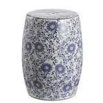 TBL1009A Lotus Blossom 17.5" Chinoiserie Ceramic Drum Indoor/Outdoor Garden Stool Bohemian, Coastal, Classic, Cottage, French Country, Traditional, Bathroom, Garden Room, Patio, Blue/White