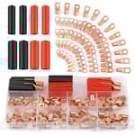 Copper Wire Lugs 130Pcs, AWG 2 4 6 8 10 12 Gauge Battery Cable Ends with 66Pcs Heat Shrink Tubing Set, 64Pcs Ring Terminals Connectors Assortment Kit for Marine, Automotive, Cables, Appliances