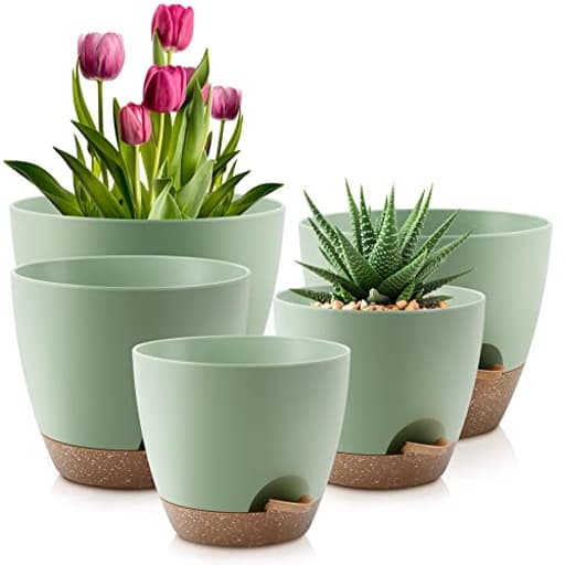 Plant Pots 10/9/8/7.5/7 Inch Self Watering Pots, Set of 5 Plastic Planters with Drainage Holes and Saucers,Plastic Flower Pots,Nursery Planting Pot for Indoor Out Door Plants（Green）