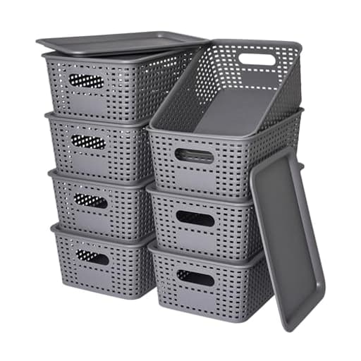 Plastic Storage Baskets with Lid-Plastic Storage Containers Stackable Storage bins: Storage Baskets for Organizing Shelves Drawers Desktop Closet Playroom Classroom Office, 8Pack-Gray,10.2x7.2x4.1Inch