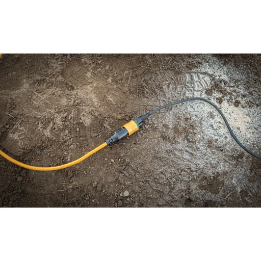 50 ft 12/3 SJTW heavy-duty locking yellow extension cord with dual lighted plugs