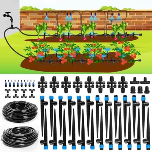 Drip Irrigation System, 230FT Garden Watering System with Quick-to-Connect Fittings, Adjustable Drip Emitters, 1/4” & 5/16” Tubing, Drip Irrigation Kit for Raised Garden Beds, Greenhouse, Lawn