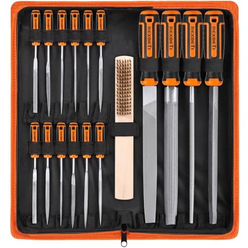 25Pcs Metal File Set, Premium Grade T12 Drop Forged Alloy Steel, Flat/Triangle/Half-round/Round Large File and 12pcs Needle Files with Carry Case, 6pcs Sandpaper, Brush, A Pair Working Gloves