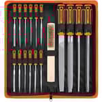 25Pcs Metal File Set, Premium Grade T12 Drop Forged Alloy Steel, Flat/Triangle/Half-round/Round Large File and 12pcs Needle Files with Carry Case, 6pcs Sandpaper, Brush, A Pair Working Gloves