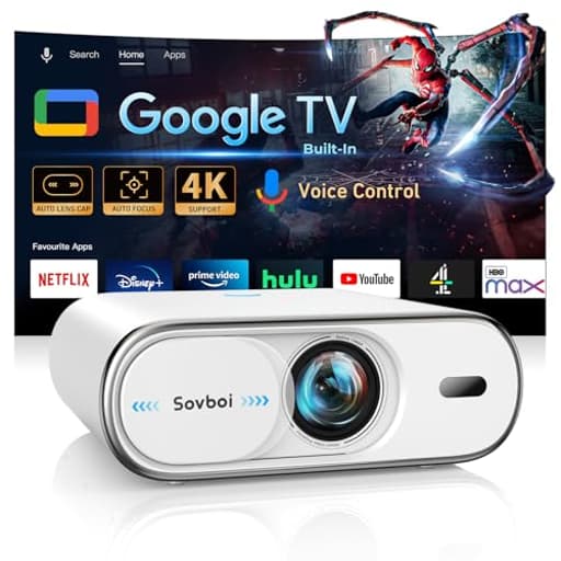 Projector Compatible with Google TV|1800 ANSI|Auto Lens Cap&4D Keystone|Auto Focus|Voice Control Portable Outdoor Projector 4K with WiFi and Bluetooth, Sovboi Smart Proyector for Netflix Home Theater