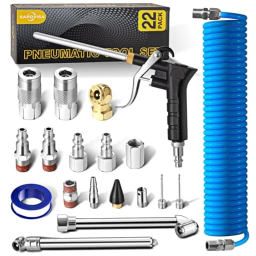22-Packs Air Compressor Accessories Kit, 25FT Upgrade Repairable PU Air Hose with 1/4'' NPT Air Tool Kit, Air Blow Gun/Air Chuck/Tire Gauge, Pneumatic Tool Set