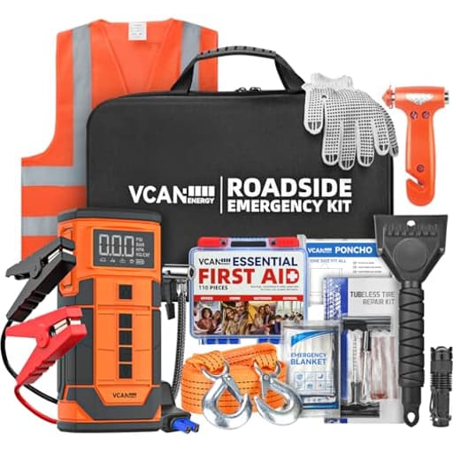 Jump Starter with Air Compressor, VCANENERGY Roadside Emergency Car Kit with 12V Portable Battery Jump Starter & Tire Inflator for Cars, Trucks, SUVs-Car Emergency Kit for Women, Men, Teen