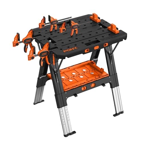 Portable Folding Work Table, 2-in-1 as Sawhorse & Workbench, 31” W×25” D×25”-35”H, Large Load Capacity with 4pcs Clamps, 4pcs Bench Dogs