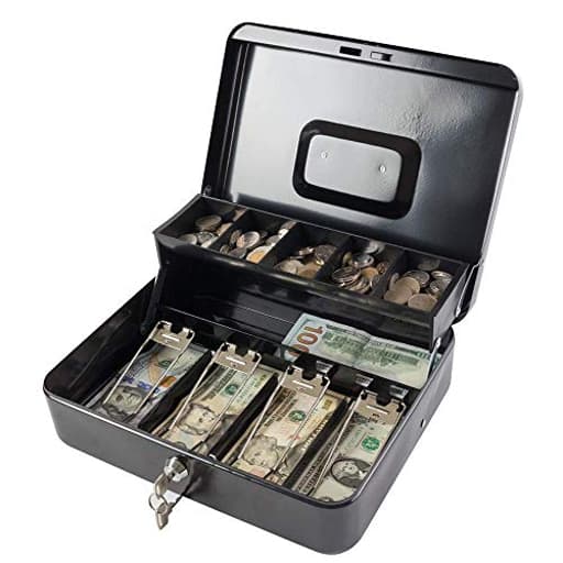 Locking Cash/Money Saving Organizer Box with Lock Safe with Key and Cash Tray, Black, 11.81Lx 9.45Wx 3.54H inches, XL Large
