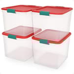 4-Pack Holiday Tote, Plastic Storage Organizer Bins with Lids, 31 Quart, Clear/Red - Stackable Organizing Containers for Home, Garage, and Office