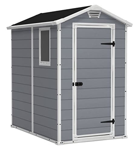Manor 4x6 Resin Outdoor Storage Shed Kit-Perfect to Store Patio Furniture, Garden Tools Bike Accessories, Beach Chairs and Lawn Mower, Grey & White