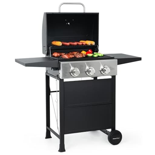 3 Burner BBQ Propane Gas Grill, Stainless Steel 30,000 BTU Patio Garden Barbecue Grill with Two Foldable Shelves