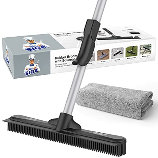 Pet Hair Removal Rubber Broom with Built in Squeegee, 3 in 1 Floor Brush for Carpet, 61 inch Adjustable Handle, Includes 1 Microfiber Cloth for Floor Dusting