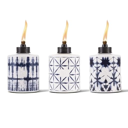Glass Tie-Dye Tabletop Torches, 3-Pack – Decorative Outdoor TIKI Torches for Patio, Backyard & Garden – Portable Tabletop Citronella Torches for Outdoor Lighting – Blue, 5.75-Inch
