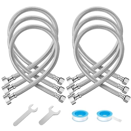 6 Pack 24 Inch Toilet Water Supply Line, 3/8" Comp x 1/2" FIP Faucet Hose Connector, Stainless Steel Braided Faucet Supply Line Extension, with 2 Wrenches and 2 Sealing Tapes