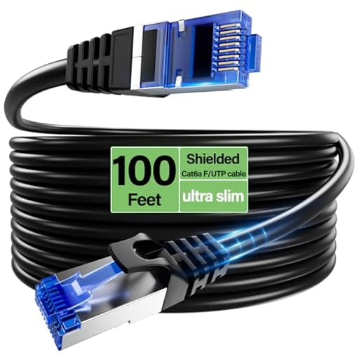 Cat6A Ethernet Cable Shielded 10Gbps 100 ft, Slim Shielded (F/UTP) Ethernet Cable Cat 6, Flexible 28AWG Bare Copper Cat6 Cable, Space-saving Cat 6a Network Cable for Server, Data Center, Black
