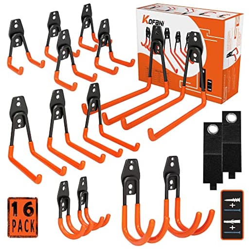 Heavy Duty Steel Hooks, 16 Pack with Anti-Slip Coating - Utility Wall Mount Garage Storage for Hanging Bike, Ladder and Garden Tools