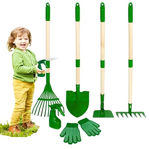 Kids Gardening Tools Set - 7pcs Garden Tool for Kids with Shovel, Rake, Hoe, Leaf Rake, Outdoor Summer Yard Lawn Digging Weed Toys, Christmas Birthday Gifts for Boys Girls Age 3 4 5 Years Old