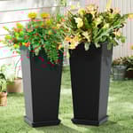 Set of 2 Tall Planters for Outdoor Plants, 24 Inch Large Tapered Pots with Drainage Trays, Weather-Resistant Plastic Plant Containers for Patio, Porch, Garden, Front Door Decor,Black