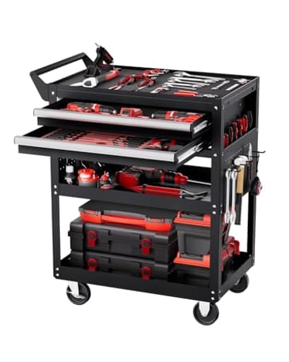 5-Tier Tool Cart with Wheels, 400 lbs Load Capacity, Rolling Work Cart with 2 Drawers & Pegboard, Mechanic Tool Storage Organizer with Locking System for Garage, Warehouse and Repair Shop, Black