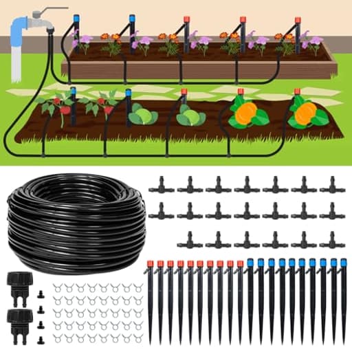 110ft Drip Irrigation System Kit, Garden Watering System DIY Automatic Irrigation Equipment Set for Lawn Raised Bed Greenhouse Plant Watering with 1/4'' Tubing, Drip Emitters, Connectors