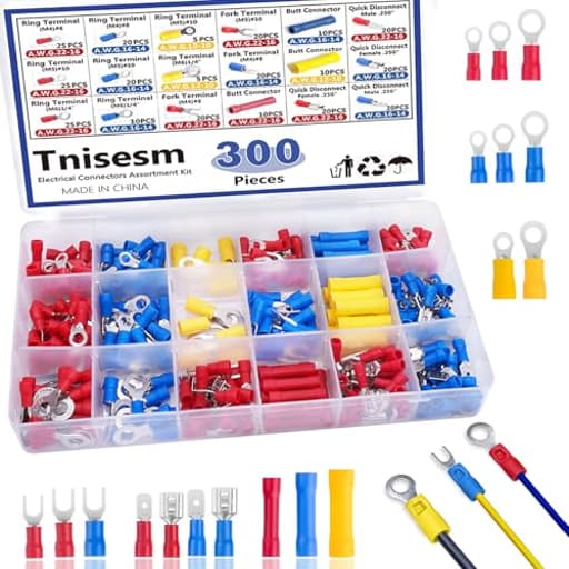 300PCS Insulated Wire Crimp Connectors Assortment Kit with Ring, Spade, Butt, Quick Disconnect, Crimp Automotive Cable Terminals TN-T01