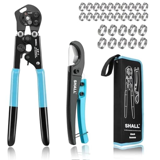 2-IN-1 Pex Crimping Clamp Cinch & Remove Tool with Pipe Hose Cutter, Pex Pipe Fitting Crimper Tool Kit for 3/8" to 1" Stainless Steel Clamps Including 20pcs 1/2", 10pcs 3/4" Clamps & Storage Bag