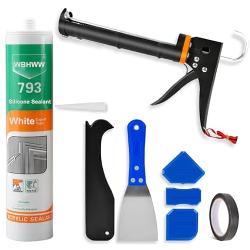 Caulk Gun Kit, White Silicone Sealant + Caulk Gun + Caulking Tool Kit - All-Purpose 100% Silicone Caulk (10 oz Tube), with Caulk Gun, Smoothing Tool, Scraping Tool and Masking Tape
