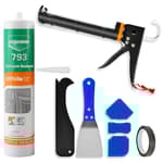 Caulk Gun Kit, White Silicone Sealant + Caulk Gun + Caulking Tool Kit - All-Purpose 100% Silicone Caulk (10 oz Tube), with Caulk Gun, Smoothing Tool, Scraping Tool and Masking Tape