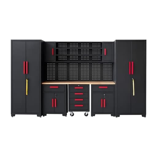 Garage Cabinet Storage System - 9-Piece Workshop Set w/Steel Cabinets & Workbench Includes Rolling Chest & Pegboard | Heavy-Duty Black & Red Tool Organization for Garage/Workshop