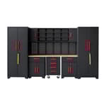 Garage Cabinet Storage System - 9-Piece Workshop Set w/Steel Cabinets & Workbench Includes Rolling Chest & Pegboard | Heavy-Duty Black & Red Tool Organization for Garage/Workshop