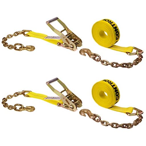Chain Ratchet Straps 2 Inch x 27 Foot (2-Pack), 10,000 LBS Break Strength, Heavy Duty Ratchet Straps with Chains Ends & Grab Hooks, Heavy Equipment Tie-Downs, Tractor Tie Downs