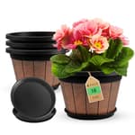 4 Pack 10 inch Plant Pots,Upgrade Whiskey Barrel Planters with Drainage Holes & Saucer,Plastic Decoration Flower Pots Retro Design,Planters for Outdoor Indoor Garden Home Plants
