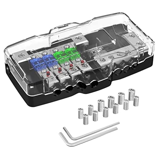 Fused Power Distribution Block Car Audio 4 Way MIDI(Mini-ANL) Fuse Block 12V 0/4 Gauge with Ground for Auto UTV Boat Stereo Amp