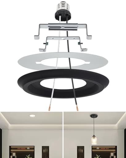 Recessed Can Light Conversion Kit for 4" and 6" Ceiling Fixtures - Pendant/Hanging Light Upgrade, Includes E26 Socket, Mounting Bracket, Round Ceiling Plate（Black）
