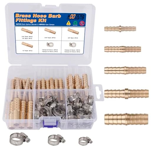 32PCS Brass Hose Barb Fittings Barb Splicer Mender Hose Fittings Kit 3/16" 1/4" 5/16" 3/8" 1/2" Barbed Air Hose Fittings with 46pcs Pipe Clamps for Water Fuel Air Line Connector Fitting
