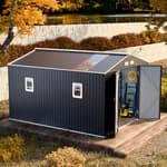 10x12 FT Metal Outdoor Shed with Floor Frame Kit Extra Large Waterproof Tools Storage House with Transparent Top Panel Windows Air Vent for Garden Backyard to Store Bikes,Lawnmower,Dark Grey
