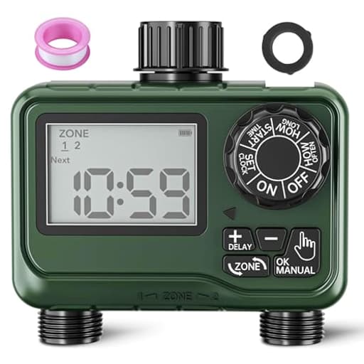 Sprinkler Timer Outdoor - 2 Zone Programmable Water Timer with Rain Delay, Automatic Irrigation System for Lawns & Garden Hoses - Waterproof Manual Controller with Large LCD Display