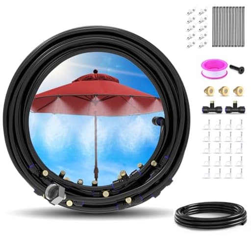72FT Misting Cooling System, 59FT(18m)+Extra 13FT(4m) Misting Line, Misters System for Outdoor Patio Garden Greenhouse Pasture with 18 T-Joints+18 Mist Nozzles+3/4” Brass Adapter