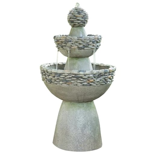 36.5 in. Outdoor 3-Tier Zen-Style Pedestal Water Fountain in. with Stone Trim with Pump and 2.64 Gallon Capacity, Stone Gray